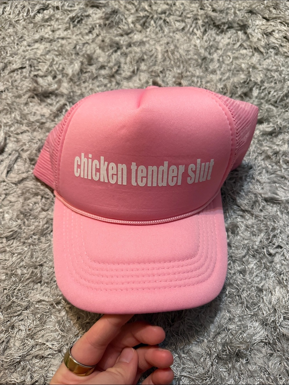 Pink Trucker Hat with "chicken tender XXXX” Text